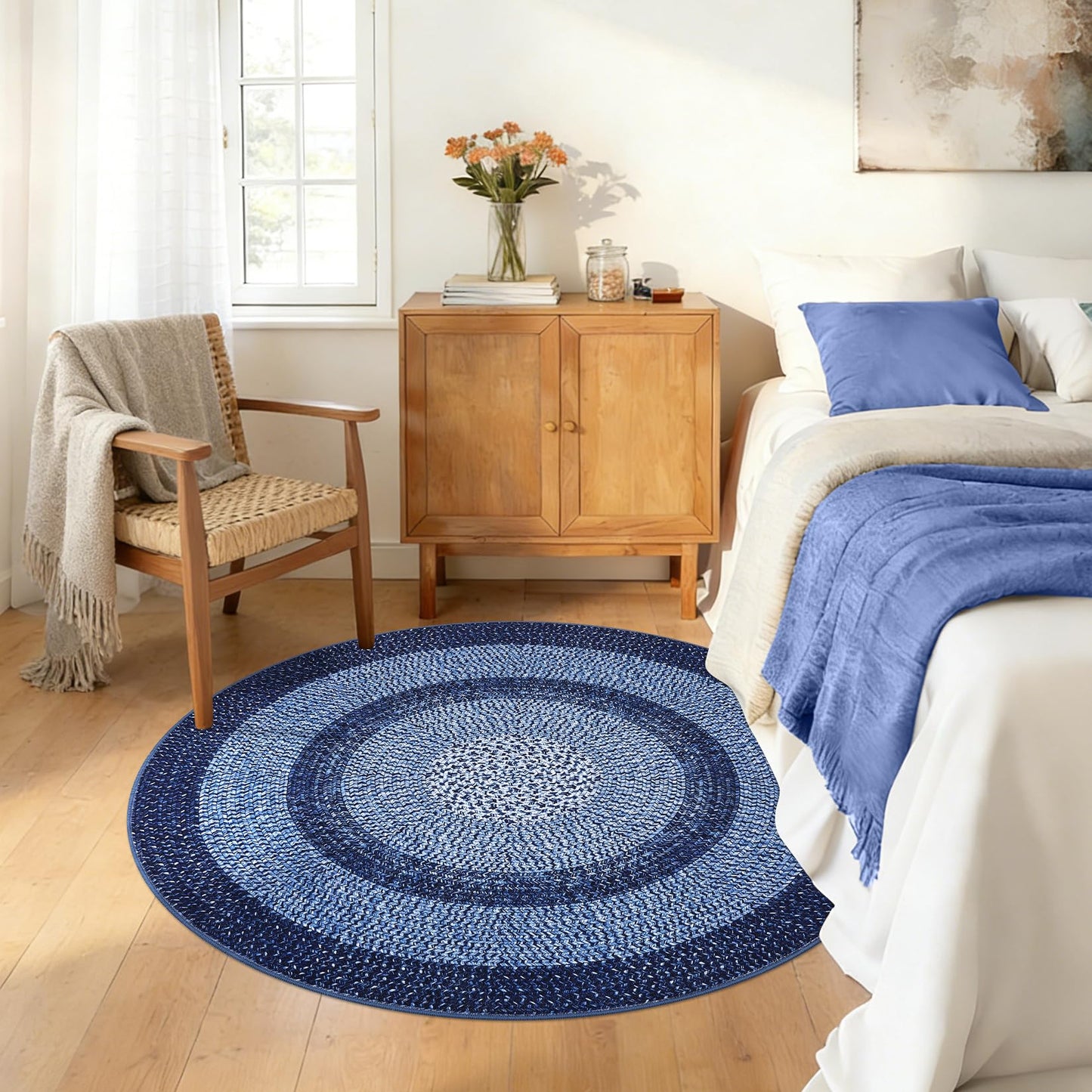 Modern Bordered Round Area Rug 4ft Washable Bedroom Circle Rugs Non Slip Stain Resistant Dining Room Round Throw Carpet Contemporary Circle Mats for Living Room Kitchen Nursery, Navy