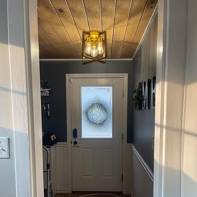 Modern Cube Frame Ceiling Light Fixture, 3 Bulbs, Black and Gold Finish, for Entryway Porch Hallway Stairway Garage Living Room Dining Room Balcony