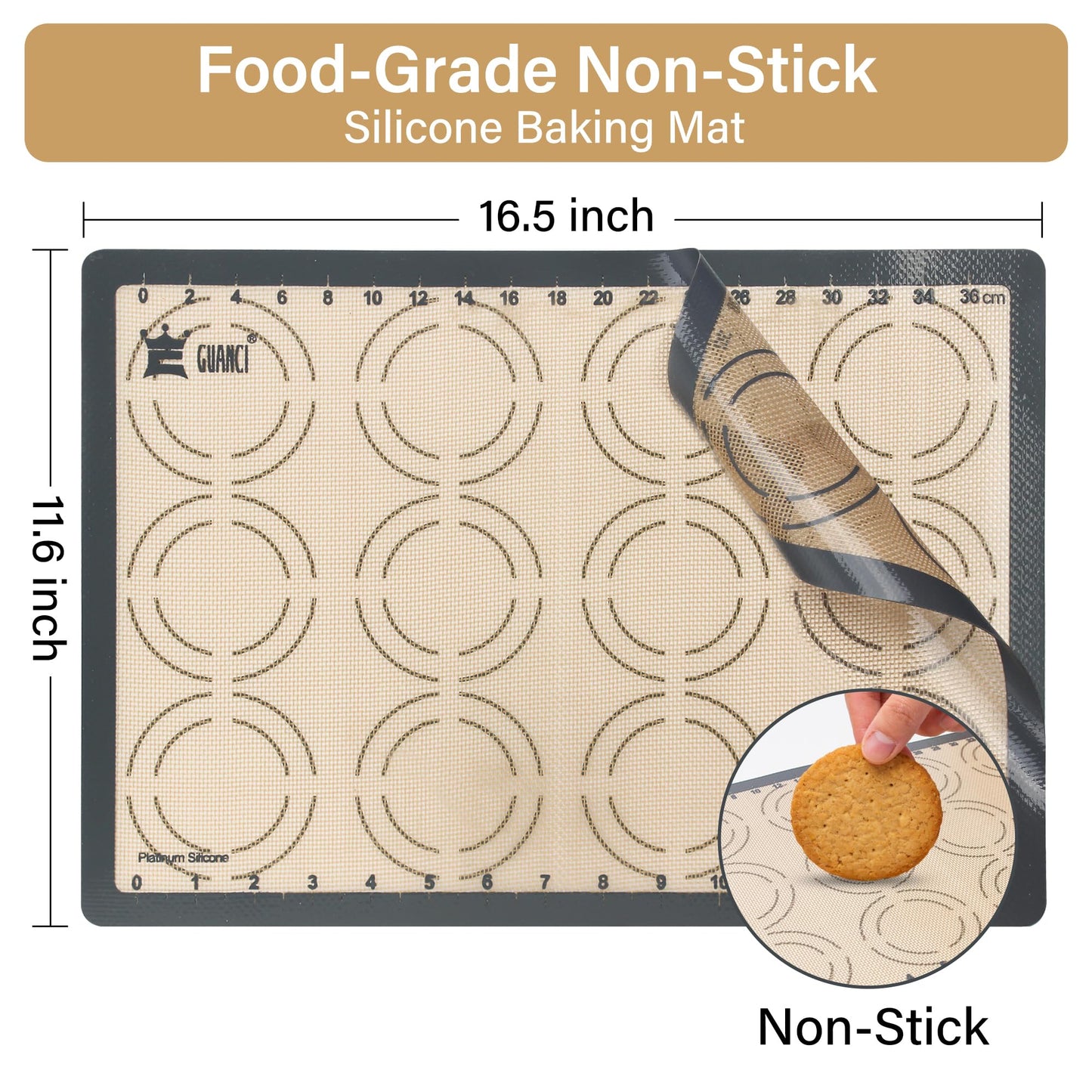 GUANCI 2 Pack Silicone Baking Mats, 11.6" x 16.5" Each, 0.7mm Thick, Food Grade Non-Stick Reusable Baking Mats & Baking Sheet Liners for Cookies, Macarons, Bread, Pizza & Pastry