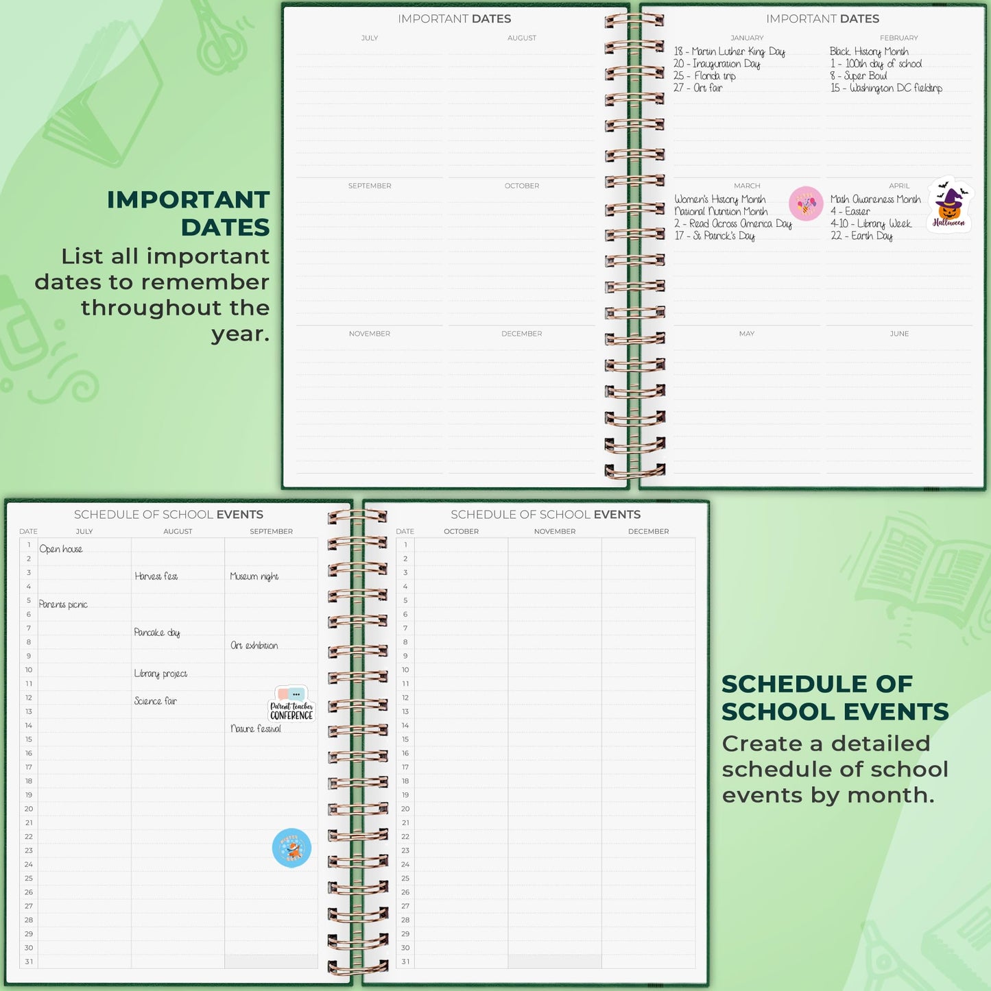 Clever Fox Teacher Planner Spiral – School Year Planner with Calendars & Lesson Plans – Teacher Plan Book for Classroom & Homeschool Organization - Undated, 7.9x10″ (Dark Green)