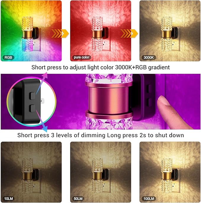 JandCase Night Lights Plug into Wall,2 Pack Color Changing Night Light for Kids, 3000K+RGB LED Nightlight with Dusk to Dawn Sensor, 10/50/100LM Adjustable Brightness for Rooms Decor
