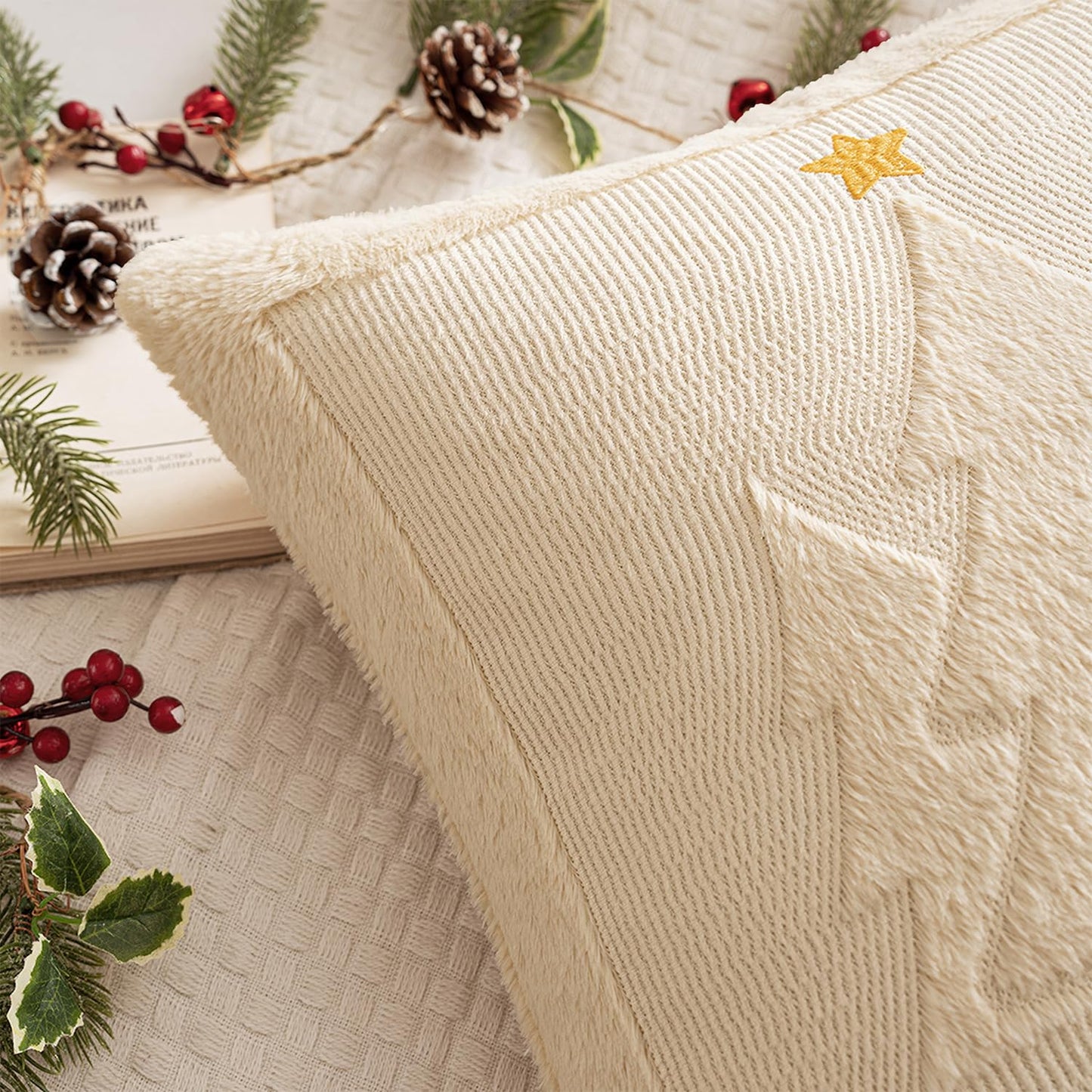 MIULEE Christmas Trees Pillow Covers Set of 2 Decorative Soft Throw Pillows Plush Faux Fur Wool Embroidered Couch Cushion for Holiday Winter Home Decor Chair Sofa Bedroom Living Room,Beige 18x18inch