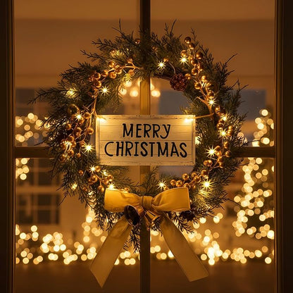 Lighted Christmas Artificial Cedar Wreath for Front Door with Hanger Christmas Wreaths Faux Norfolk with Velvet Bow LED Lights Jingle Bells Pinecone Berries Indoor Window Xmas Holiday Decor(Gold)