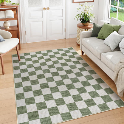 Machine Washable 5x7 Area Rugs for Living Room Checkered, Non Slip Soft Low Pile Farmhouse Geometric Modern Neutral Playroom Boys Rugs for Bedroom, Large Carpet Rugs for Dining Room(Sage Green,5'x7')