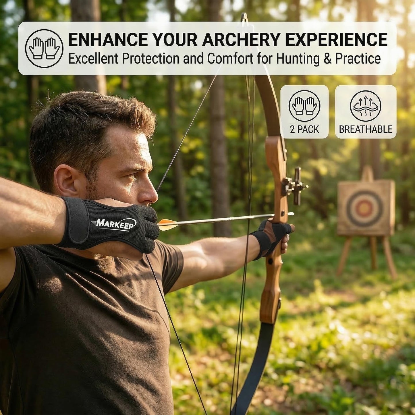 MARKEEP Archery Gloves 2 Pack Shooting Hunting Leather Guard 3-Finger Guard for Youth Adult Man Woman and Beginner Recurve Arrow Bow Archery Protective Gear Accessories