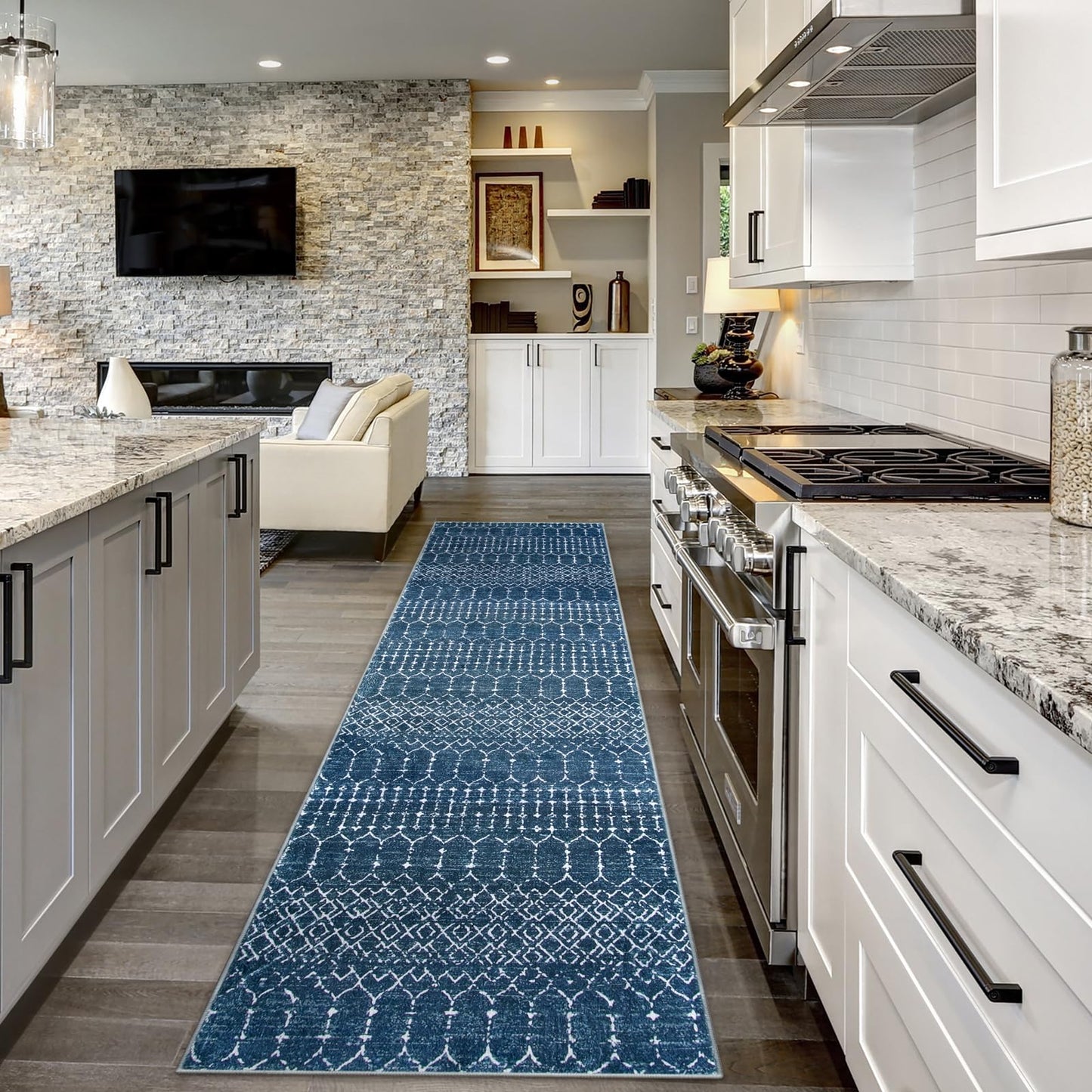 Lahome Moroccan Washable Kitchen Runner 2x8 Carpet Runners for Hallway 8Ft Low-Profile Non-Slip, Indoor Geometric Print Distressed Rug for Entryway Laundry Room Foyer Hana, Blue