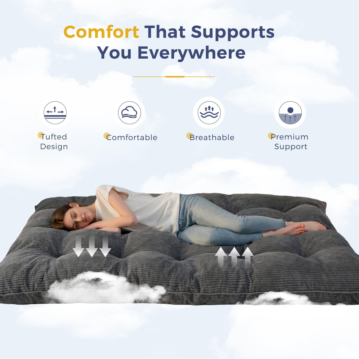 MAXYOYO 6" Japanese Floor Mattress, Foldable Futon Mattress Full Size, Tufted Roll Up Floor Couch, Thick Tatami Mat Sleeping Pad Portable Lounger for Camping Guest Room Dormitory RV, Dark Grey