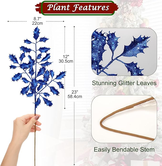 DILATATA 6Pcs Christmas Glitter Leaves Holly Leaves 23" Artificial Royal Blue Holly Leaf Picks Sprays Giltter Stems for Christmas Tree DIY Xmas Wreath Garland Home Decor - Royal Blue