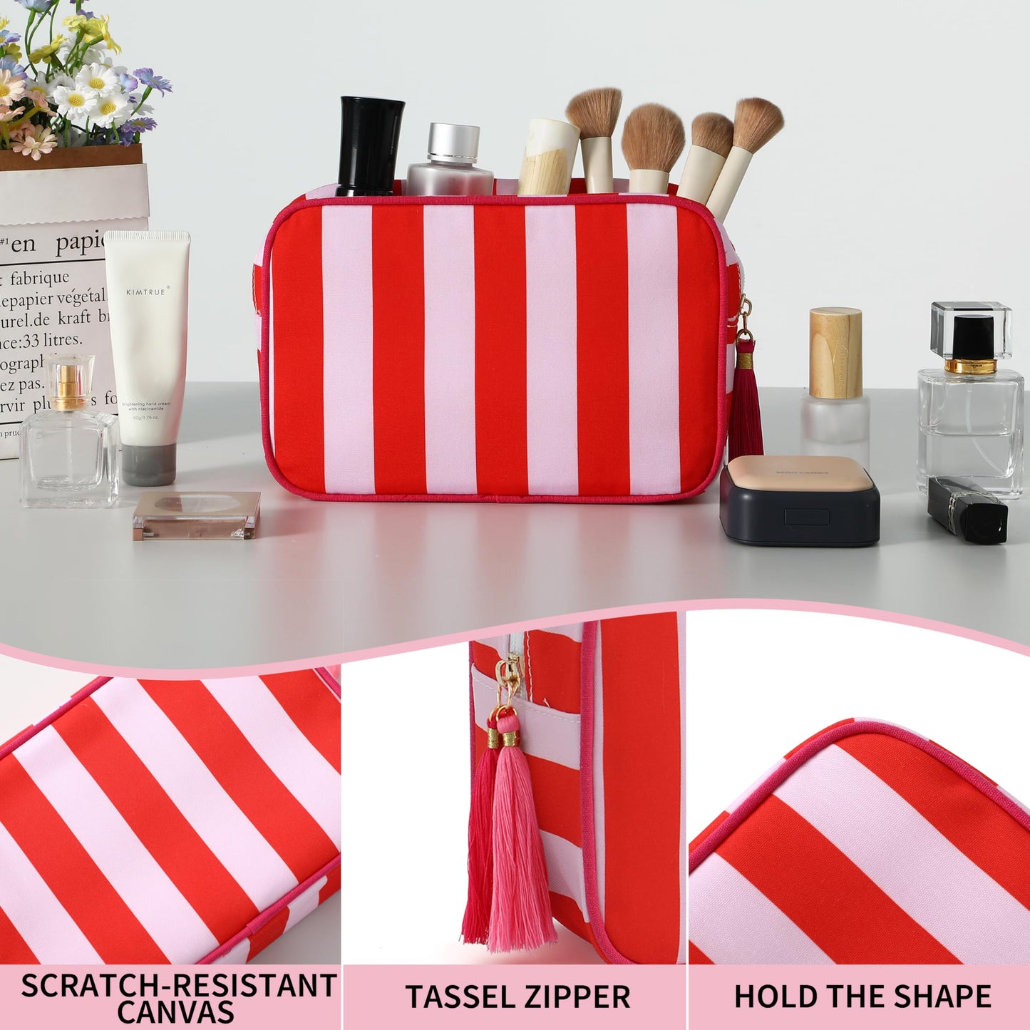 EMBRUNIOICE Stripe Makeup Bag Travel Cosmetic Bag Organizer Tassel Toiletry Bag Large Canvas Zipper Pouch and Accessories Storage Bag for Women (Red with Pink)