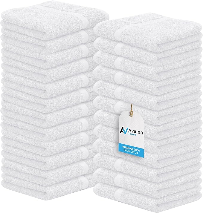 Avalon Towels Cotton Washcloths 24-Pack – 12 x 12 Inch White Super Soft &