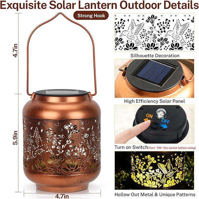 Hummingbird Solar Lanterns Outdoor Hanging, Waterproof Metal Solar Lights Outside for Garden Porch Yard Patio Pathway Tabletop Landscape Decor, LED Lantern Gifts for Women Mom Grandma