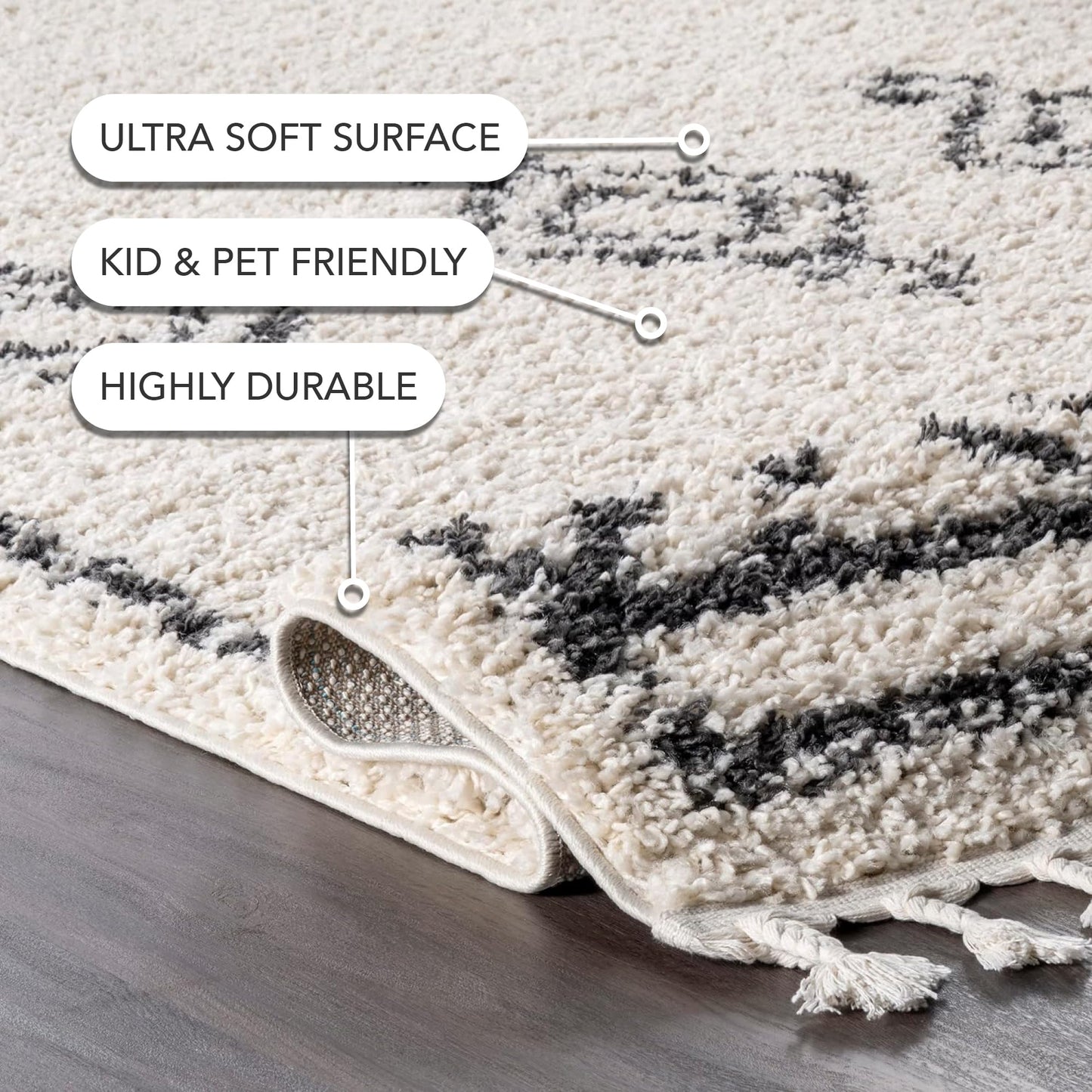 Nuloom Mackie Off-White/Charcoal, 6'7" x 9', Moroccan, Shag, Tassel, Soft and Cozy, High Traffic, Stain Resistant, Easy Clean, Durable Area Rug for Bedroom, Living Room, Dining, Den, Foyer, Entryway