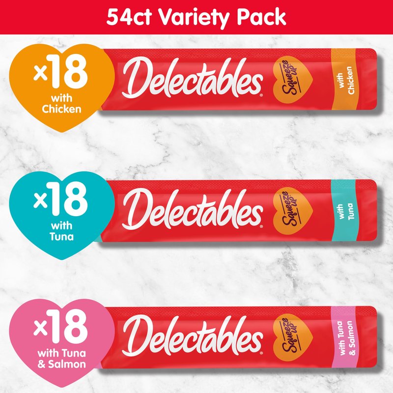 Delectables Squeeze Up Variety Pack, Creamy Squeezable Puree, Lickable Wet Cat Treats, Grain Free, No Fillers, by-Products, Preservatives, 0.5 Ounces Tube, 54 Tubes Total
