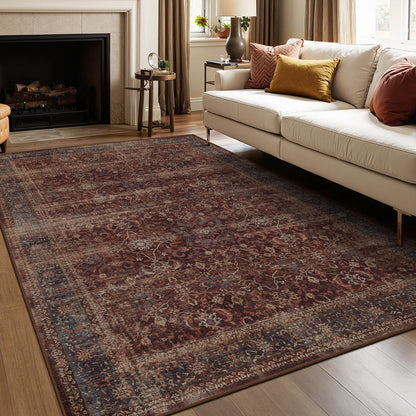 Jainmy Moody Brick Area Rugs 5x7, Distressed Oriental Living Room Rug Washable, Non Slip Low Pile Thin Carpet Rugs for Bedroom/Dining Room/Home Office/Kitchen, Vintage Brick Red Stain-Resistant