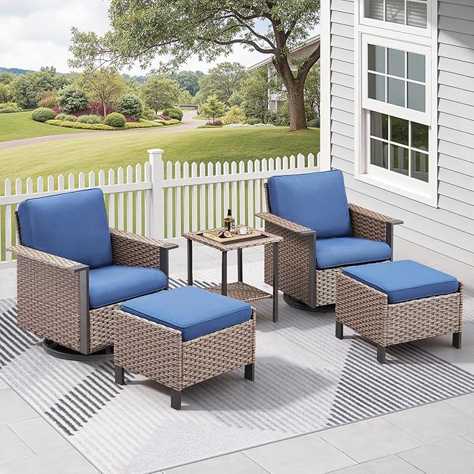 5 Pieces Outdoor Patio Furniture Set-High Back Wicker Patio Swivel Glider Chairs with 2 Multifunctional Ottoman and Glass Side Table, Outdoor Patio Conversation Sets for Porch Deck Brown/Blue