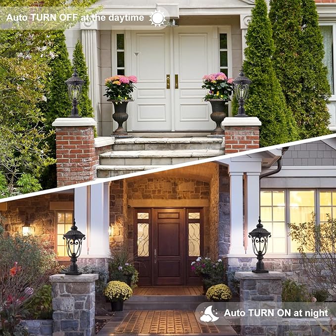 24 Inch High Outdoor Post Light Fixture with Dusk to Dawn Sensor, Bronze Post Lantern with Pier Mount, Exterior Pole Lighting with Seeded Glass for Yard, Garden, Patio and Pathway, LMMS0519-M