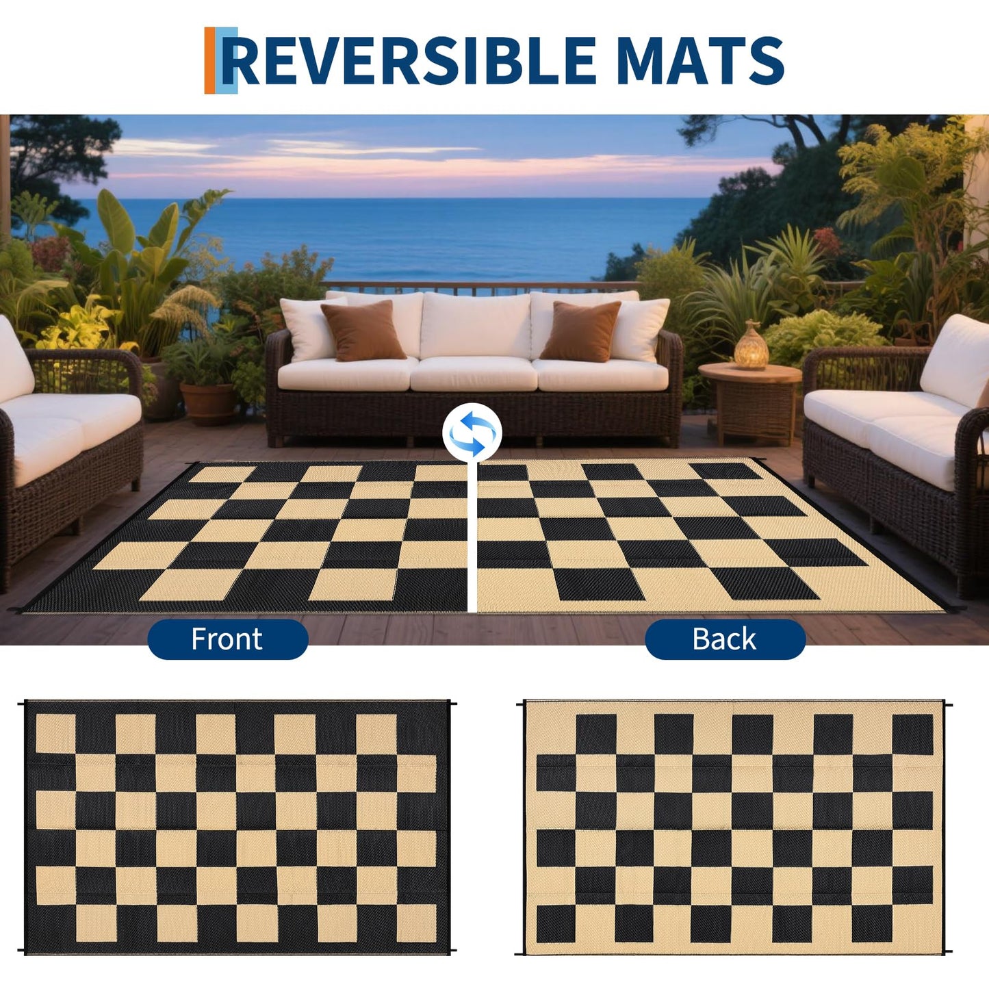 8 * 10ft Checkerboard Outdoor Rug, Reversible Woven Plastic Straw Patio Mat, Portable Floor Mat, Checkered Camping Carpet with Corner Loops for RV, Deck, Picnic, Balcony, Black & Brown