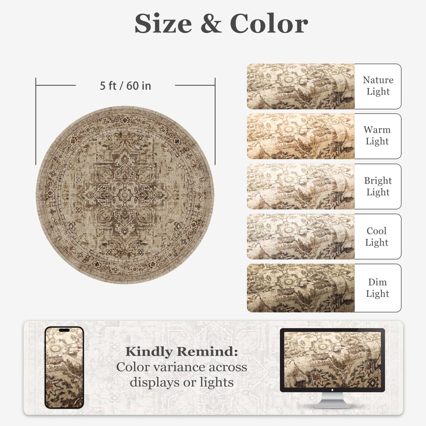 Jainmy Neutral Brown Round Washable Rugs 5ft, Farmhouse Vintage Medallion 5 Feet Circle Rug for Living Room Under Coffee Table, Low Pile Thin Non Slip 5x5 Round Carpet for Dining Room/Bedroom/Entry
