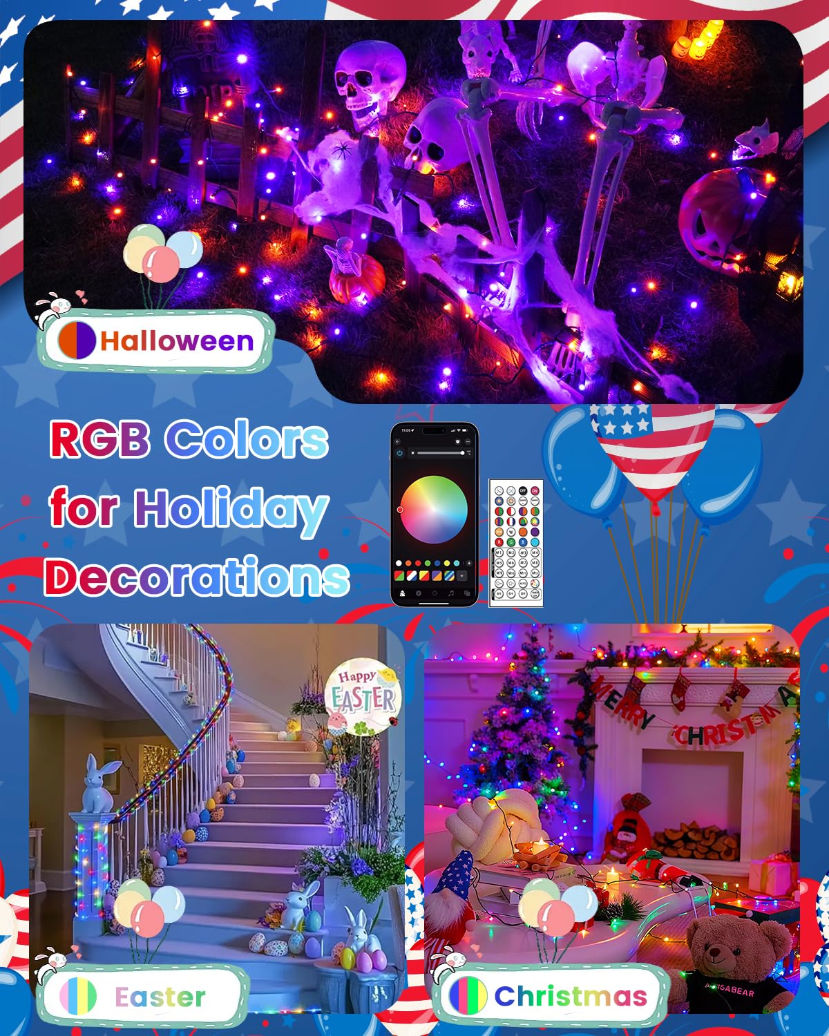 600LED Smart 4th of July String Lights | 206FT App Controlled Red White and Blue American Flag Lights, Waterproof Patriotic RGB Color Changing String Lights with Remote & Timer Outdoor for Memory Day