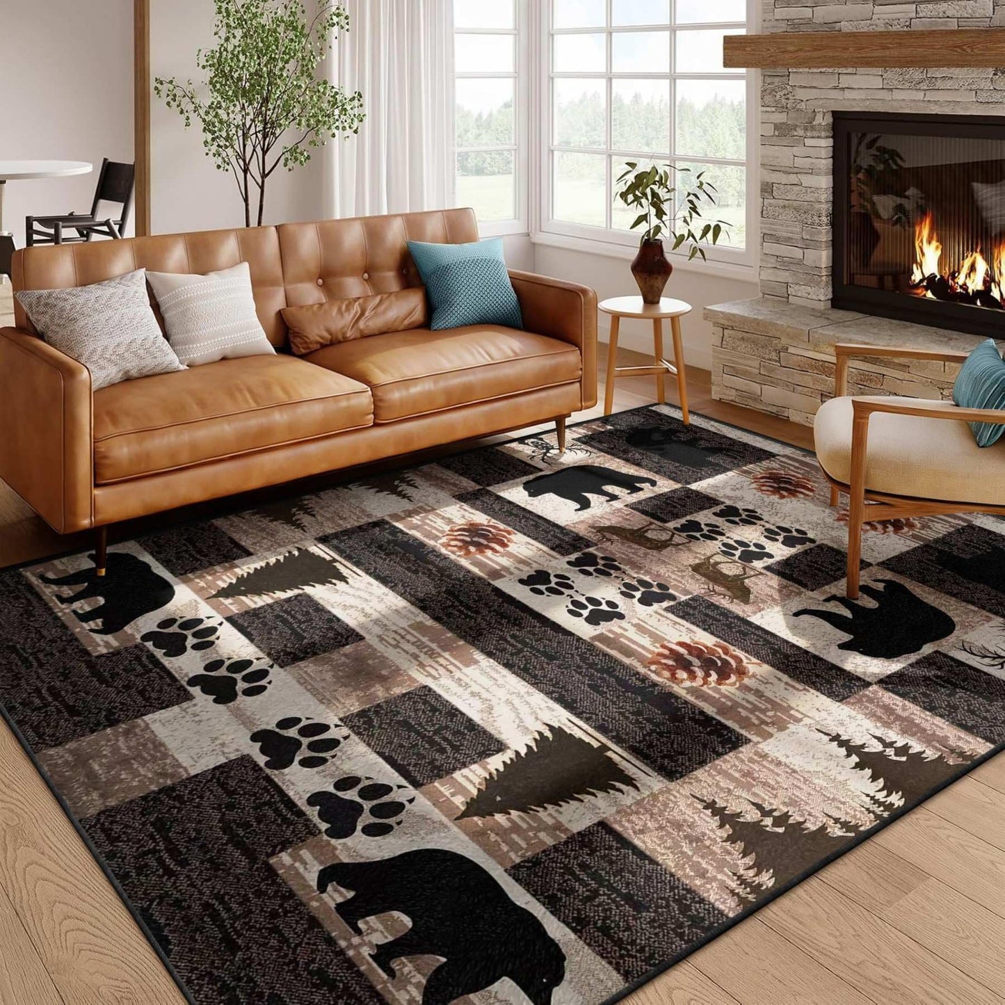 Fouiunler Rustic Lodge Cabin Area Rug 3x4ft Native Western Country Bear Elk Deer Rugs,Forest Hunting Woodland Carpet,Living Room Decoration Pet Friendly Rug Non Slip Washable Rugs for Indoor