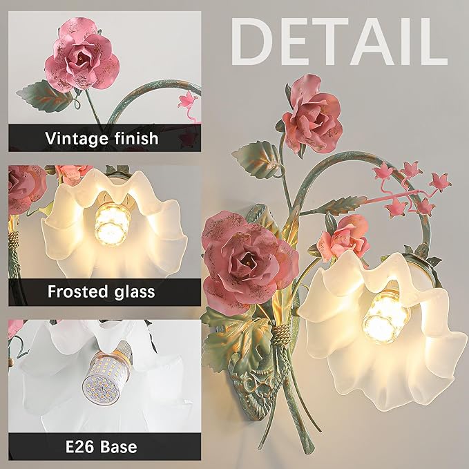 Vintage Floral Wall Sconce,Metal Wall Lamp with Glass Lampshade,Mounted Wall Lights for Bedroom Living Room Corridor Vanity Hallway E26 Wall Art Scones 40 * 40Cm Left