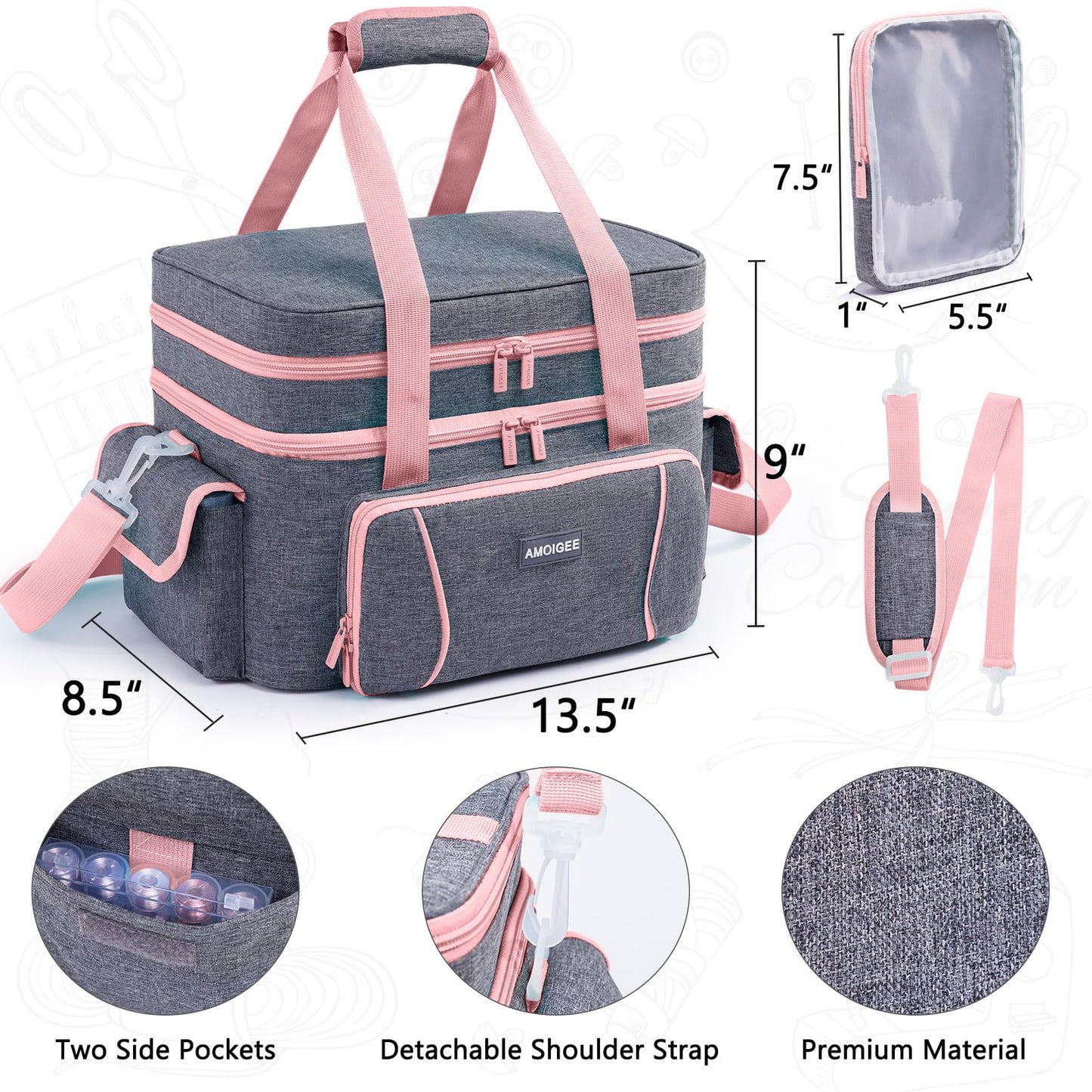 AMOIGEE Double-Layer Sewing Storage Bag with 2 Detachable Pouches – Large Sewing Organizer with Shoulder Strap, Elastic Loops & Dividers for Sewing Supplies, Tools & Accessories