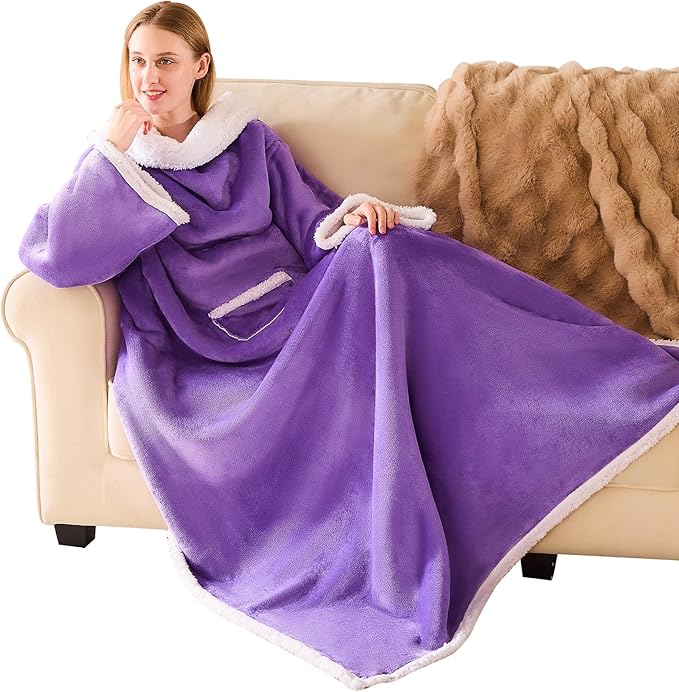 IFNOW Sherpa Wearable Blanket with Sleeves for Women Men Adults, Cozy Wearable Blanket with Arm and Pocket, Warm Full Body TV Wrap Throw Blanket, Soft Robe Blanket as Gifts for Mom Wife, Purple