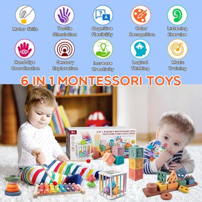 Montessori Baby Toy for 1+ Year Old Sorting Stacking Learning Toys 6 to 12 Months Wooden Building Blocks, Xylophone Musical, Infant Teethers Toys for Baby, 6 in 1 Toy Birthday Gifts for Toddlers 1 2 3