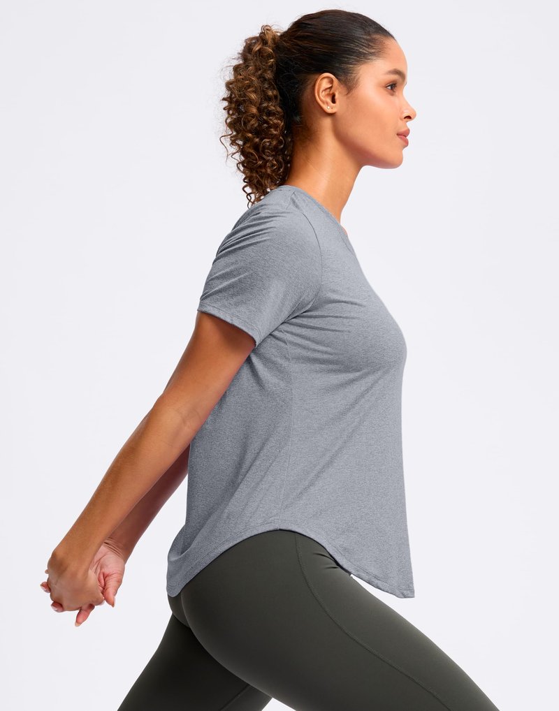Womens Workout Shirts V-Neck Short Sleeve UPF 50+ Sun Shirt Moisture Wicking Dry Fit Top for Gym, Running, Athletic (Heather Grey, L)