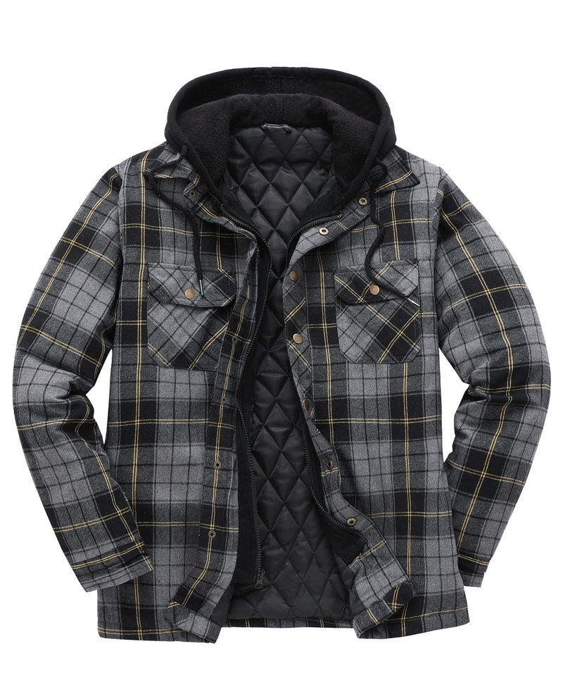 ThCreasa Flannel Hooded Shacket Jackets for Men Quilted Lined Buffalo Plaid Flannel Coat Thick Flannel Shirt Jacket Grey M