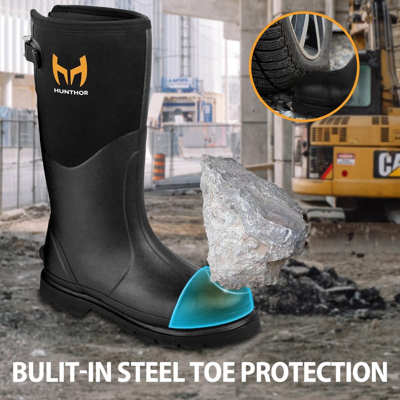 Hunthor Rubber Work Boots, Puncture-Proof with Steel Toe & Shank, Waterproof Insulated 6mm Neoprene Hunting Boots for Farming, Construction, Gardening, Fishing, Outdoor Work