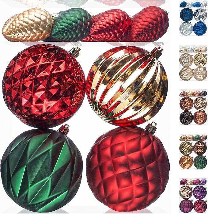 JORNOY Christmas Tree Ornaments, 4inch/100mm Shatterproof Ornaments for Christmas Tree Set - Large Plastic Decorative Hanging Balls Ornaments for Xmas Tree Decorations Party, 12ct (Red & Green & Gold)