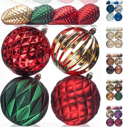 JORNOY Christmas Tree Ornaments, 4inch/100mm Shatterproof Ornaments for Christmas Tree Set - Large Plastic Decorative Hanging Balls Ornaments for Xmas Tree Decorations Party, 12ct (Red & Green & Gold)