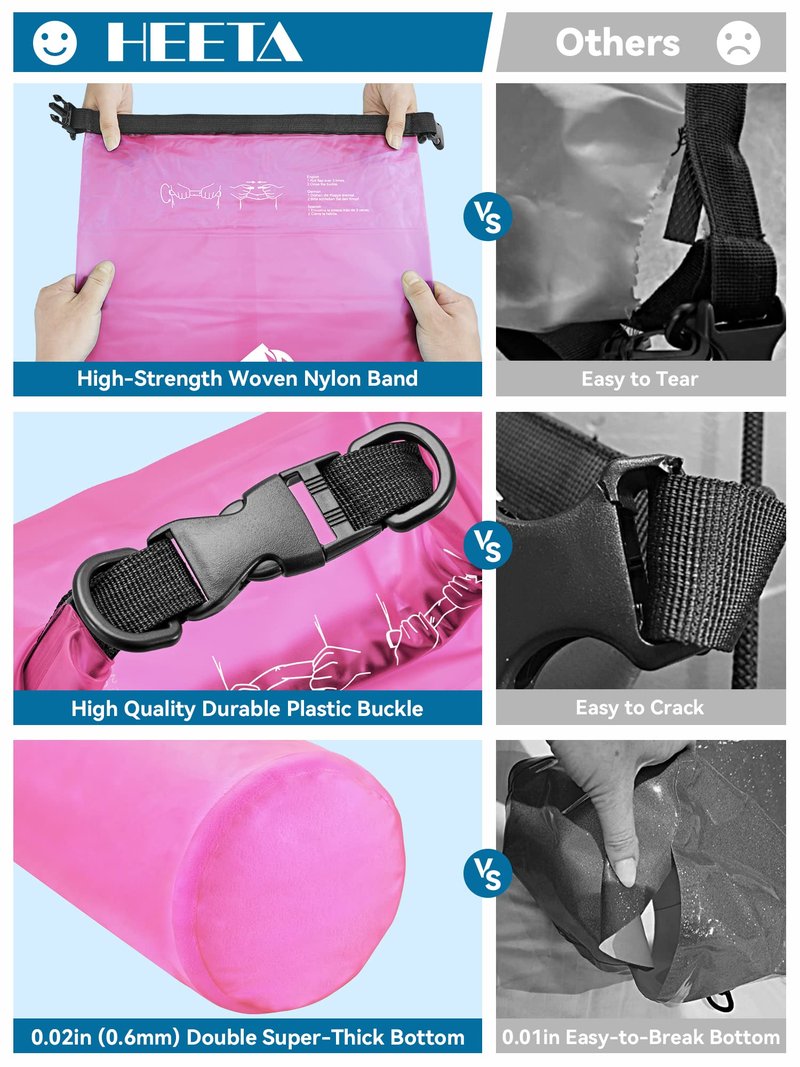 HEETA Dry Bag Waterproof for Women Men, Roll Top Lightweight Dry Storage Bag Backpack with Phone Case for Travel Swimming Boating Kayaking Paddle Board Camping Beach Accessories (Rose Red, 30L)