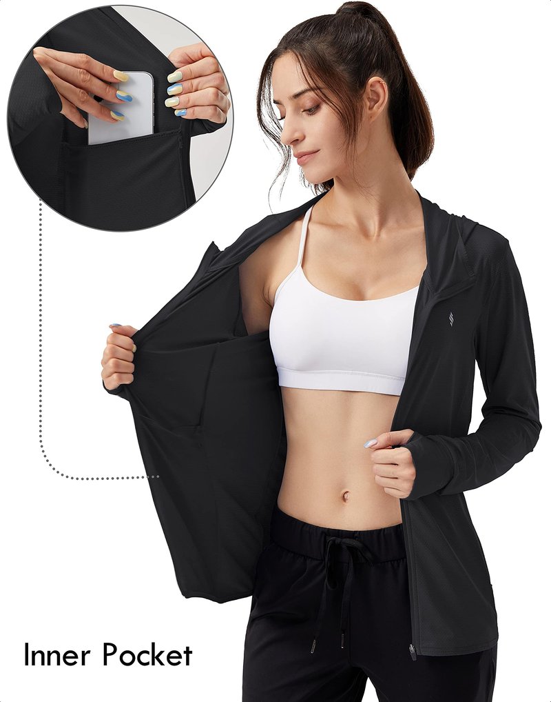 Soothfeel Women's UPF 50+ Sun Protection Hoodie Jacket Lightweight Long Sleeve Sun Shirt for Women with Pocket Hiking Outdoor A-Black