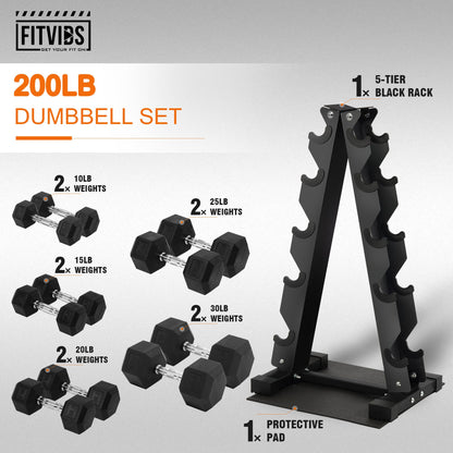 Fitvids Fitvids Rubber Coated Hex Dumbbell Weight Set and Storage Rack, 100LBS, 150LBS or 200LBS Set, 5-20 lbs, 5-25 lbs, 10-30 lbs Pairs