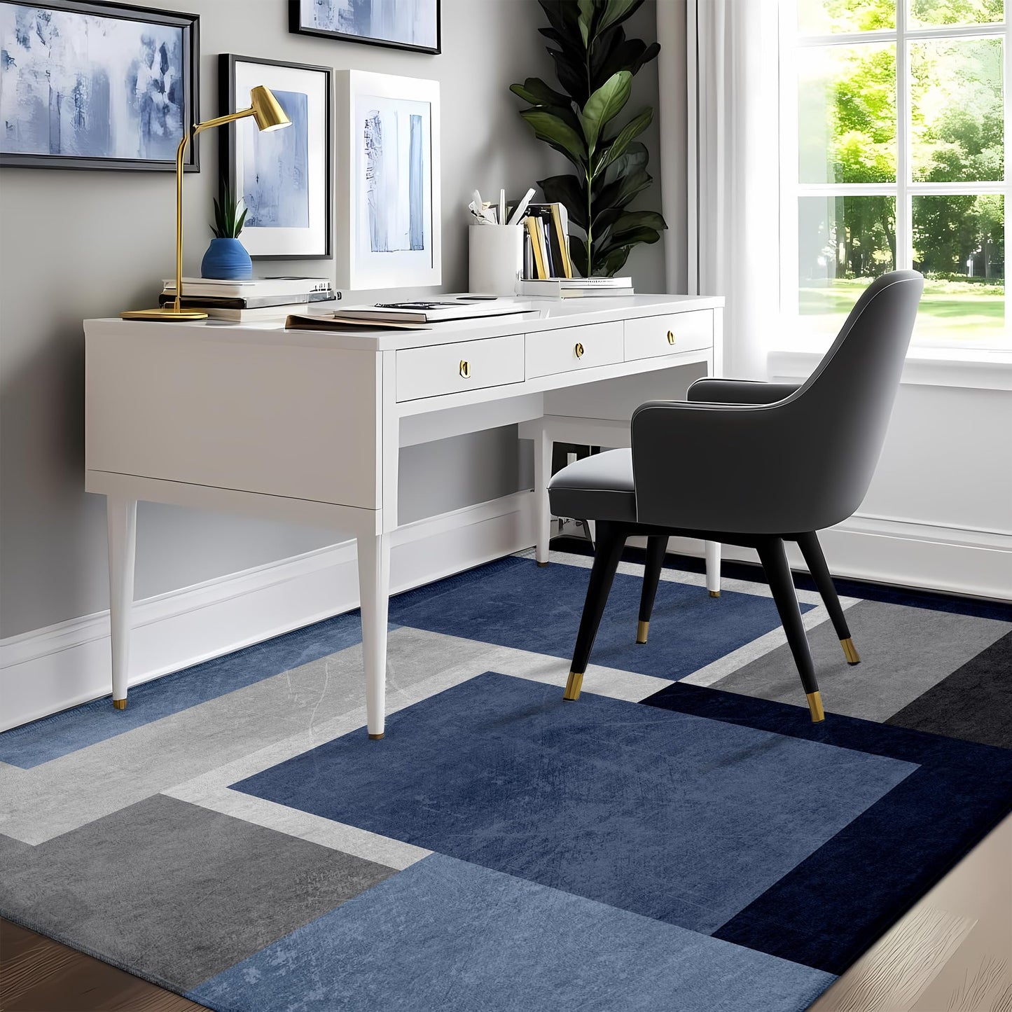AICLIV Washable Low-Profile Geometric Area Rug, 0.2 inch Thin Abstract Rug Design for Living Room & Bedroom Decor, 5x7 ft Blue Grey Modern Non-Slip Floor Rug