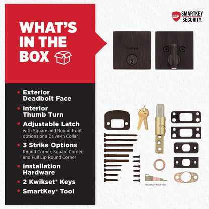 Kwikset Downtown Deadbolt Lock, Matte Black Square Exterior Keyed Front Entry Door, Pick Resistant SmartKey Rekey Security, Single Cylinder Dead Bolt, with Microban Protection