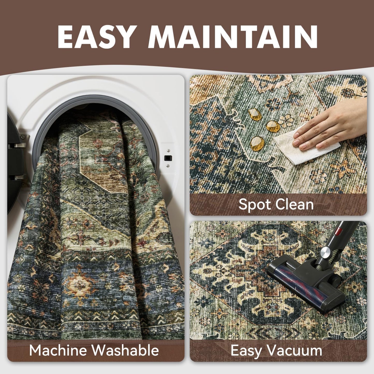 Engiw Olive Green 8x10 Area Rugs for Living Room Bedroom Rug Washable Vintage Neutral Farmhouse Rug Carpet Dining Room Rugs Office Retro Oriental Easy Clean Non Slip Large