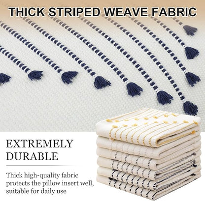 Mecatny Boho Outdoor Throw Pillow Covers 20X20 Set of 2, Farmhouse Decorative Pillow Covers for Couch Sofa Living Room, Navy & Cream White