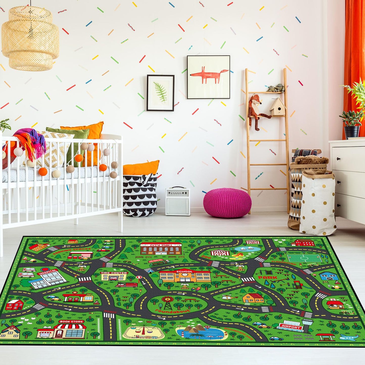 Tinideya Kids Playmat Rug 4x6 ft, Non-Slip Rubber Backing Traffic Road Playmat, Cars Play Mat for Toddler Children Playroom Classroom Bedroom(Green, Traffic Road)
