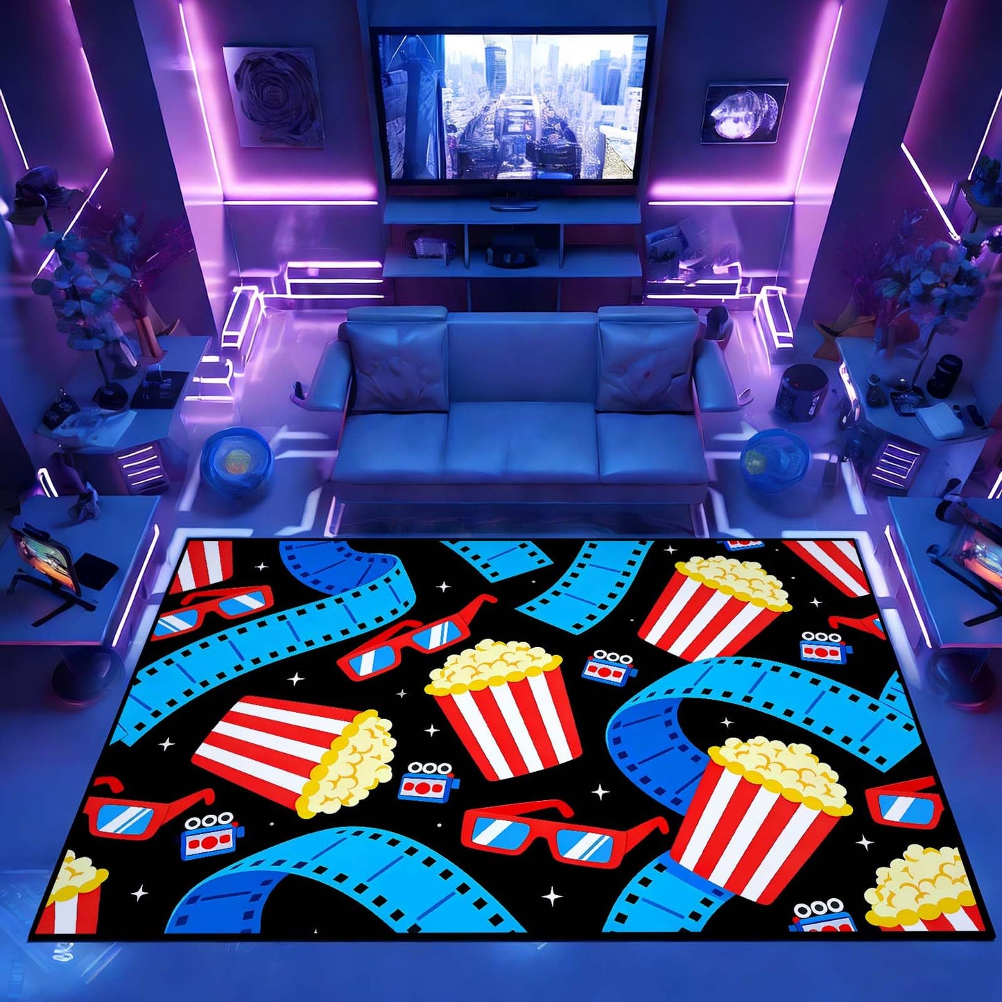 Movie Theater Area Rug, Popcorn Film Reel & 3D Glasses Rug, Cinema Sign Rugs, Movie Night Home Theater Rugs, Washable Non-Slip Soft Low Pile Home Cinema Carpet (4' x 6'(Rectangular))