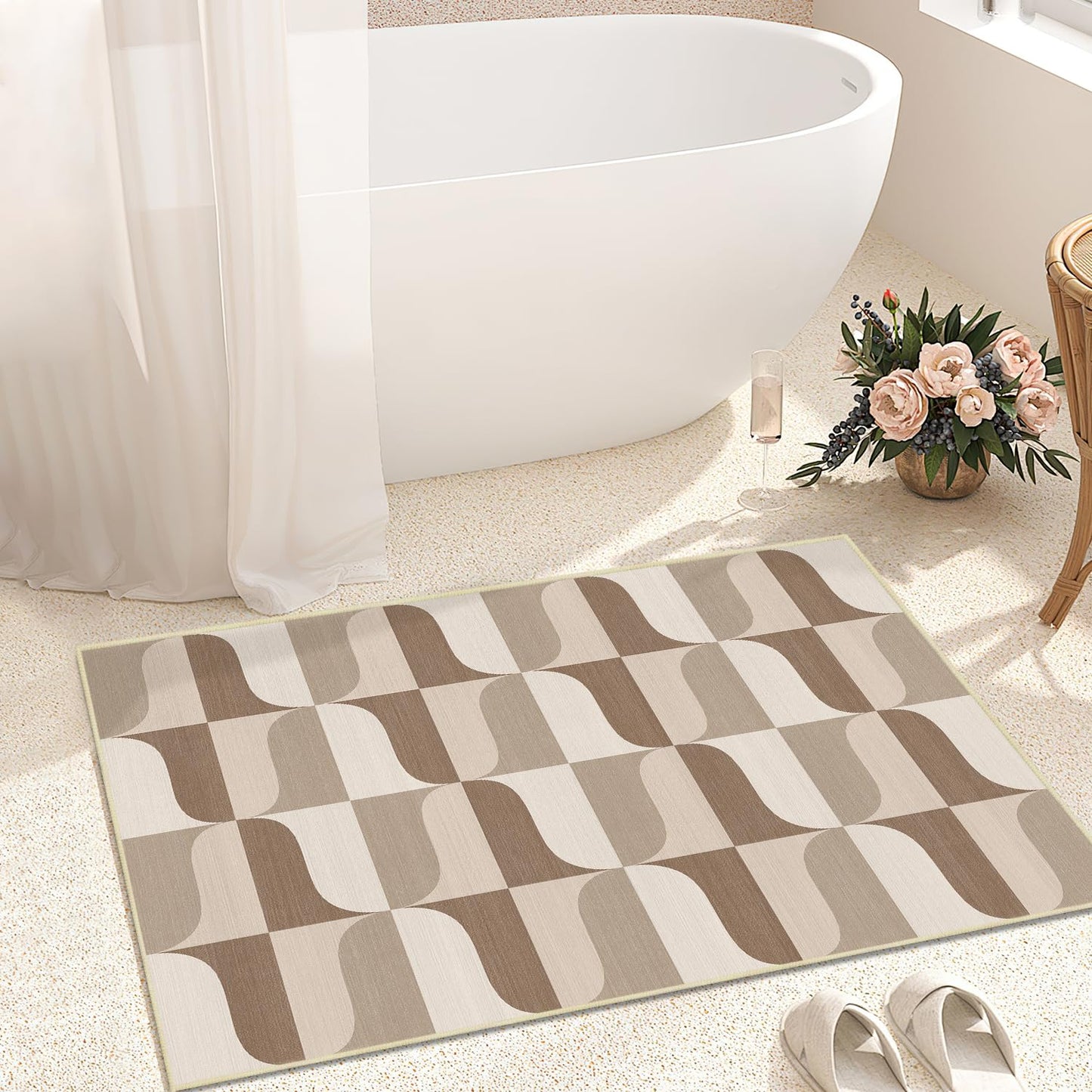 Modern Geometric 2x3 Rug for Entryway Neutral Beige Brown Abstract Mid Century Modern Area Rug Machine Washable Door Mat Small Rugs Non-Slip Printed Low-Pile Floor Carpet for Bathroom Kitchen Laundry
