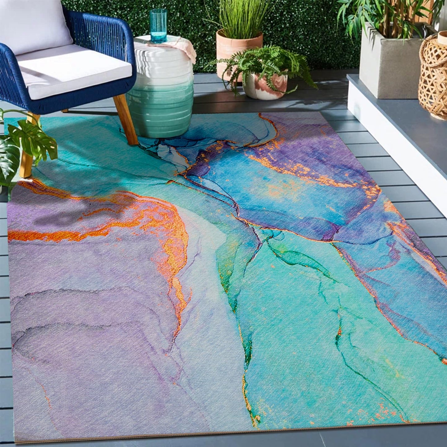 Abstract Washable Indoor Outdoor Rug, 5' x 7.6', Stain Resistant, Easy Clean, Teal Rug for Indoor/Outdoor Patio, Deck, Porch, Garden, Courtyard