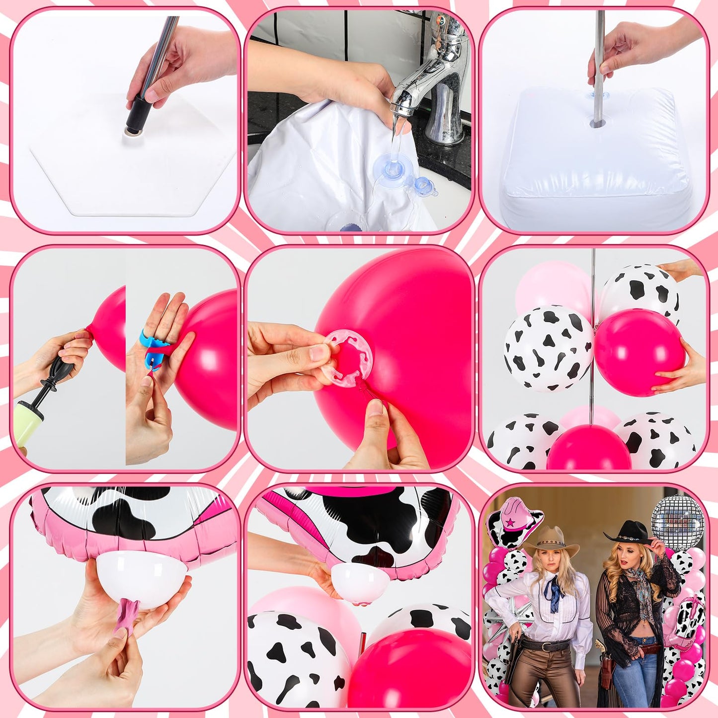 Kasyat 2 Sets Disco Cowgirl Balloon Column Stand Kit with 4d Cowgirl Hat Boots Disco Ball Exploding Stars Balloons Hot Pink Silver Arch Kit for Floor for Western Birthday Party Decorations