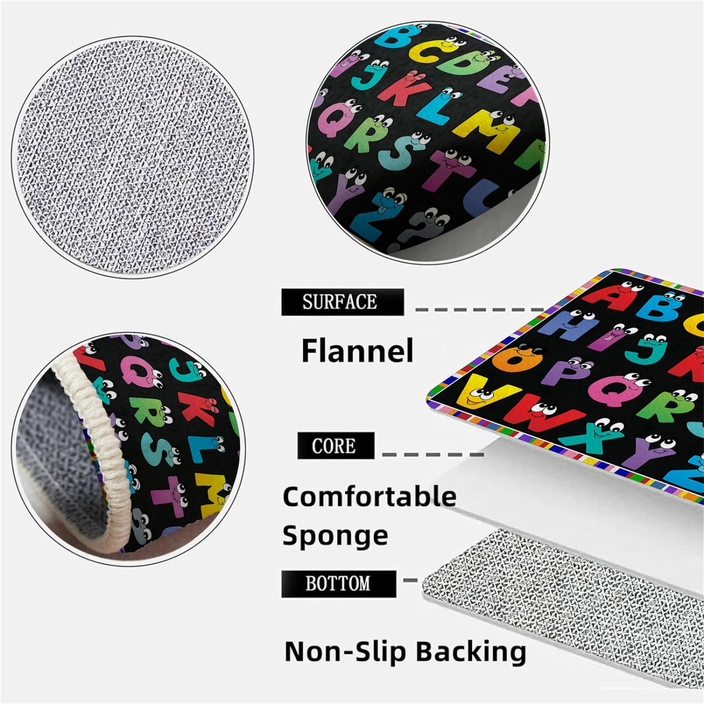 Srocvi Kids Area Rug English Characters ABC and Math Symbols Learning Carpets, Lovely Black Foldable Large Area Rugs Perfect for Dining Room Bedside Kids Boys Bedroom Playroom Hallway, 3x5ft