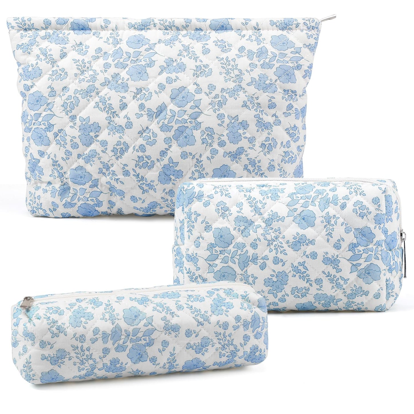 3 Pcs Makeup Bag Cosmetic Bag Set for Girls Women Checkered Travel Organizer Bathroom Toiletry Pouch Large Capacity Storage Bag(Blue Flower)