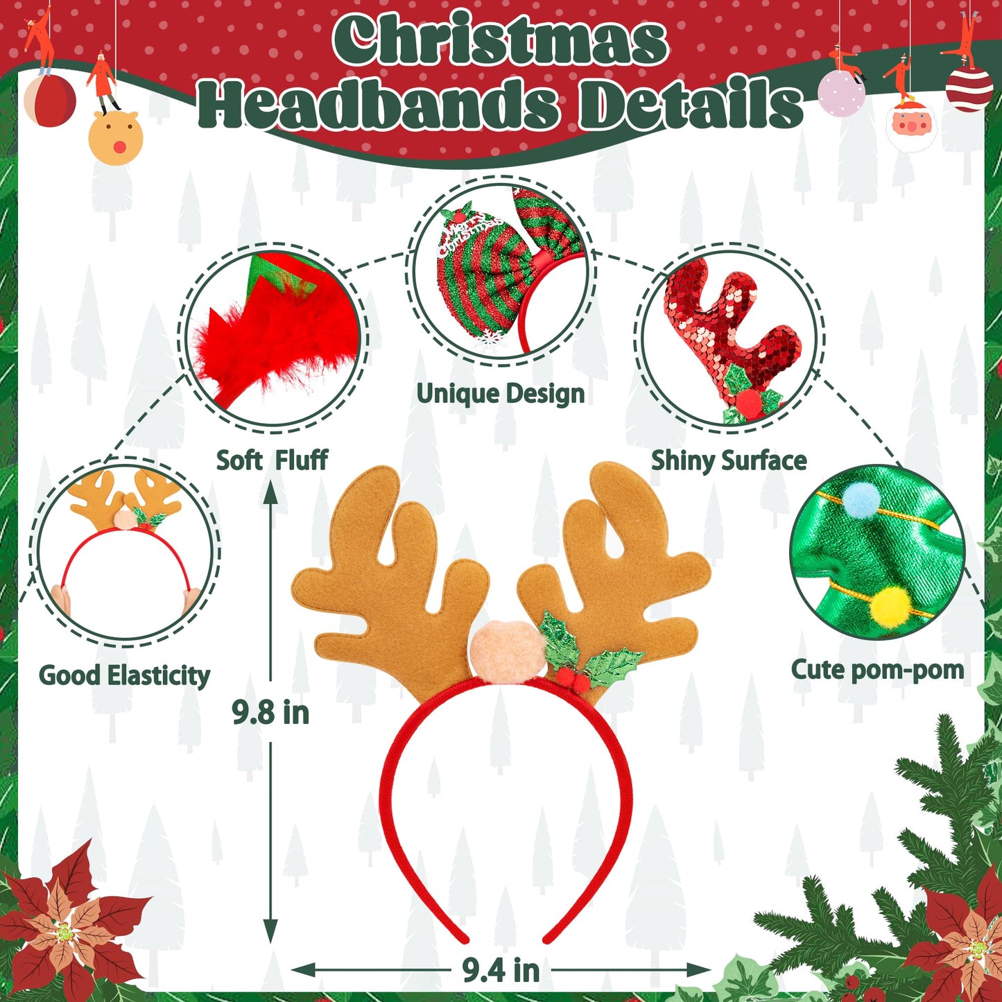 HOVACY 24 Pcs Christmas Headbands, 12 Styles Christmas Headwears with Assorted Design Santa Christmas Tree Snowman Stars Reindeer Antler, Xmas Party Decor for Women Men Christmas Party Favors