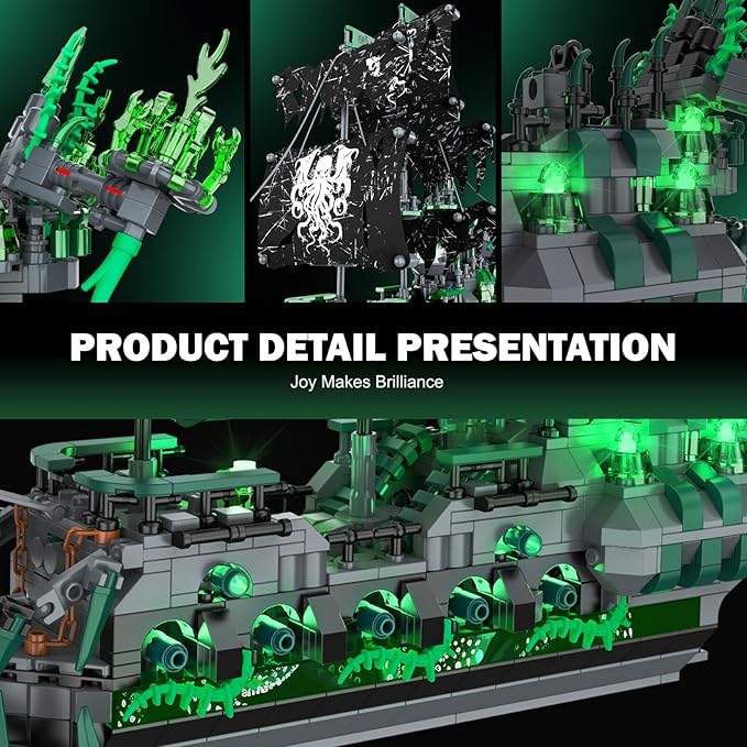NUTCRACKER Pirate Ship Building Blocks Set with LED Lights Ghost Ship Flying Dutchman Toy Building Sets for Adults DIY Sailboat Model Kit for Easter Halloween Birthday's Gift (1100 Pcs)