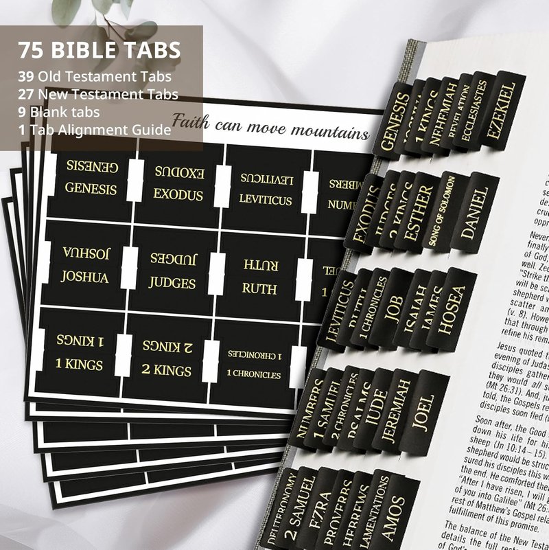 Bible Tabs for Easy Navigation | Large Print Index Tabs for Study Bibles - 66 Tabs + 9 Blank Tabs - Black
